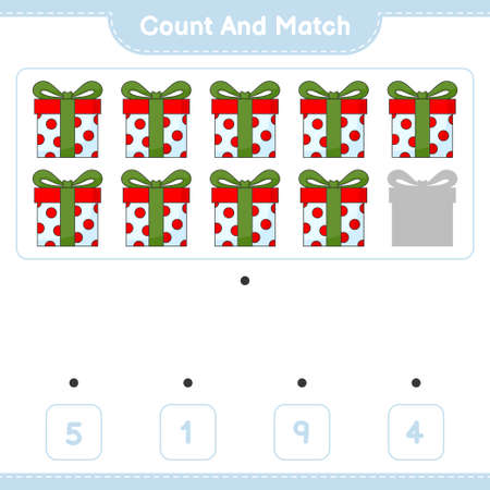Count and match, count the number of Gift Box and match with the right numbers. Educational children game, printable worksheet, vector illustrationのイラスト素材