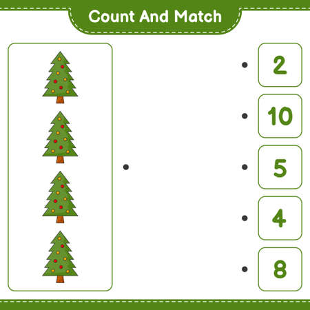 Count and match, count the number of Christmas Tree and match with the right numbers. Educational children game, printable worksheet, vector illustrationのイラスト素材