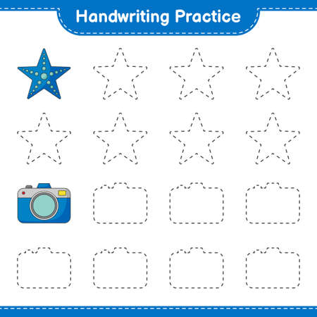 Handwriting practice. Tracing lines of Starfish and Camera. Educational children game, printable worksheet, vector illustrationのイラスト素材