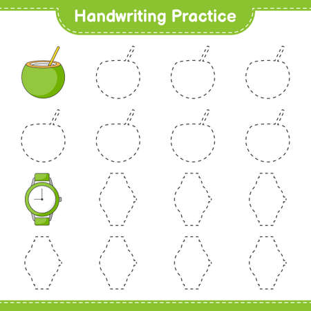 Handwriting practice. Tracing lines of Coconut and Watches. Educational children game, printable worksheet, vector illustrationのイラスト素材