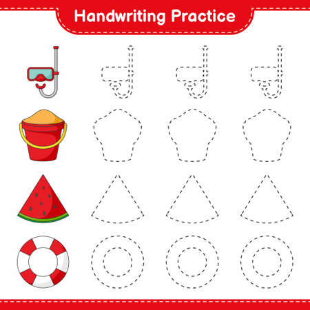 Handwriting practice. Tracing lines of Diving Mask, Sand Bucket, Watermelon, and Lifebuoy. Educational children game, printable worksheet, vector illustrationのイラスト素材