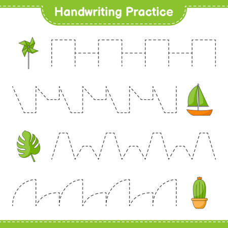 Handwriting practice. Tracing lines of Pinwheels, Cactus, Monstera, and Sailboat. Educational children game, printable worksheet, vector illustrationのイラスト素材