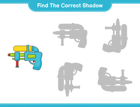 Find the correct shadow. Find and match the correct shadow of Water Gun. Educational children game, printable worksheet, vector illustrationのイラスト素材