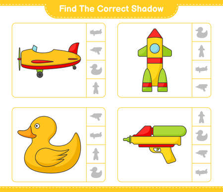Find the correct shadow. Find and match the correct shadow of Plane, Rocket, Rubber Duck, and Water Gun. Educational children game, printable worksheet, vector illustrationのイラスト素材
