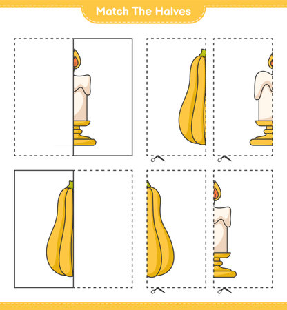 Match the halves. Match halves of Candle and Butternut Squash. Educational children game, printable worksheet, vector illustrationのイラスト素材