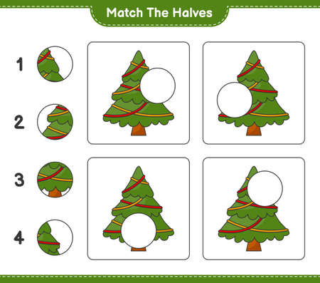 Match the halves. Match halves of Christmas Tree. Educational children game, printable worksheet, vector illustrationのイラスト素材