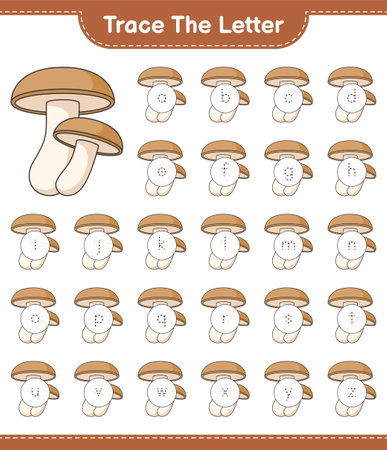 Trace the letter. Tracing letter alphabet with Shiitake. Educational children game, printable worksheet, vector illustrationのイラスト素材