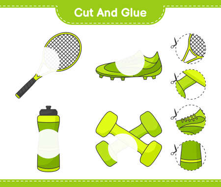 Cut and glue, cut parts of Water Bottle, Tennis Racket, Soccer Shoes, Dumbbell and glue them. Educational children game, printable worksheet, vector illustrationのイラスト素材