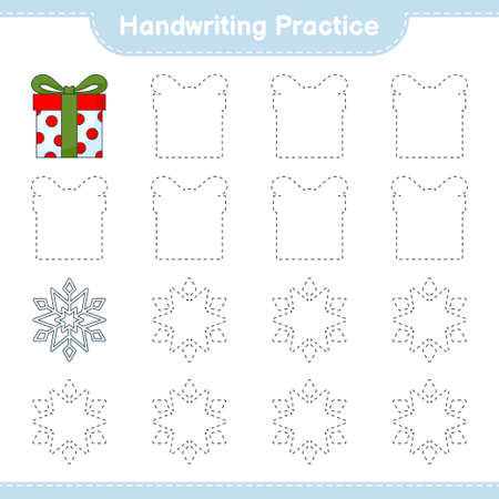 Handwriting practice. Tracing lines of Snowflake and Gift Box. Educational children game, printable worksheet, vector illustrationのイラスト素材