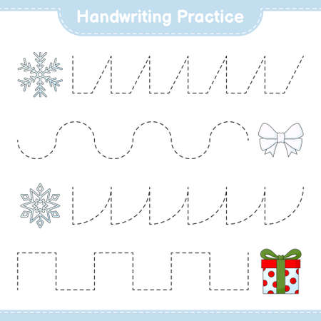 Handwriting practice. Tracing lines of Ribbon, Snowflake, and Gift Box. Educational children game, printable worksheet, vector illustrationのイラスト素材