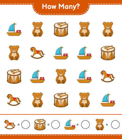 Counting game, how many Boat, Drum, Teddy Bear, and Rocking Horse. Educational children game, printable worksheet, vector illustrationのイラスト素材
