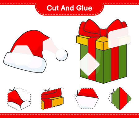 Cut and glue, cut parts of Santa Hat, Gift Box and glue them. Educational children game, printable worksheet, vector illustrationのイラスト素材