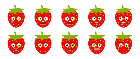 Emoticon of cute Strawberry. Isolated vector setのイラスト素材