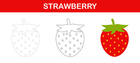 Strawberry tracing and coloring worksheet for kidsのイラスト素材