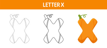 Letter X Pumpkin tracing and coloring worksheet for kidsのイラスト素材