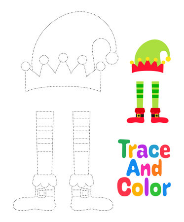 Elf hat and shoes tracing worksheet for kidsのイラスト素材