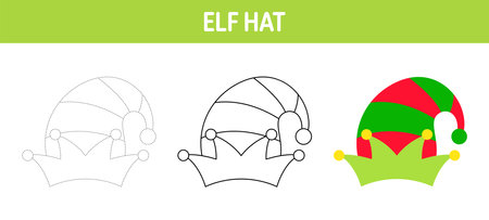 Elf Hat tracing and coloring worksheet for kidsのイラスト素材