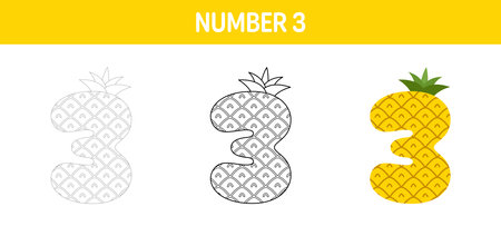 Number 3 tracing and coloring worksheet for kidsのイラスト素材