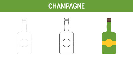 Champagne tracing and coloring worksheet for kidsのイラスト素材