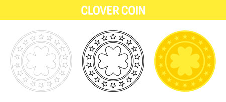 Clover Coin tracing and coloring worksheet for kidsのイラスト素材