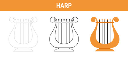 Harp tracing and coloring worksheet for kidsのイラスト素材
