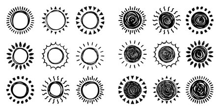 Set of doodle suns sketch, hand drawn styleのイラスト素材