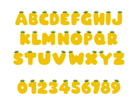 Pineapple font, english letters from A to Z with number 0 to 9のイラスト素材