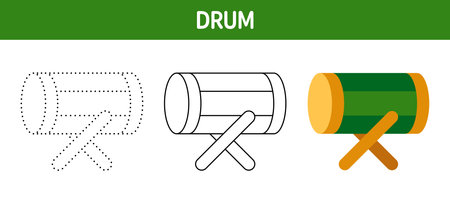 Drum tracing and coloring worksheet for kidsのイラスト素材