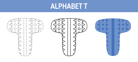 Alphabet T tracing and coloring worksheet for kidsのイラスト素材