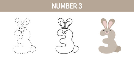 Number 3 tracing and coloring worksheet for kidsのイラスト素材