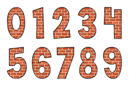 Handcrafted Red Brick Numbers. Color Creative Art Typographic Designのイラスト素材