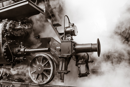 Old steam locomotive in a round houseのeditorial素材