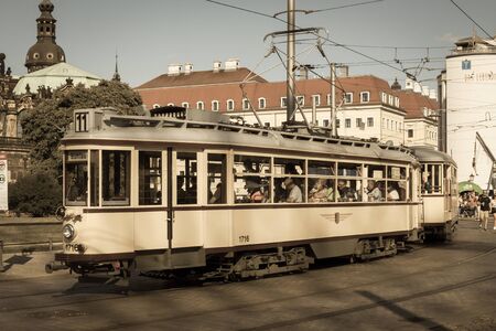 Old retro historic tramway in Dresden, Germanyの写真素材