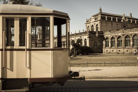 Old retro historic tramway in Dresden, Germanyの写真素材