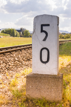 Milestone on a railway track in Germanyの写真素材