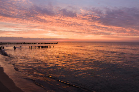 Sunset on the Baltic Sea in Kolobrzeg, Polandの写真素材
