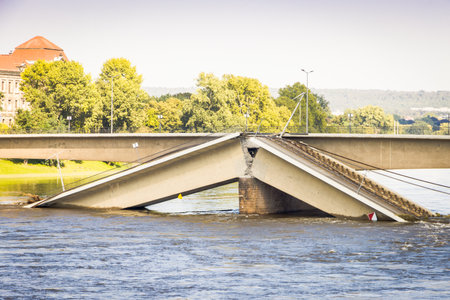 Collapsed Carola Bridge in Dresden, Germanyの写真素材
