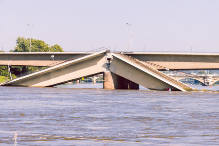 Collapsed Carola Bridge in Dresden, Germanyの写真素材