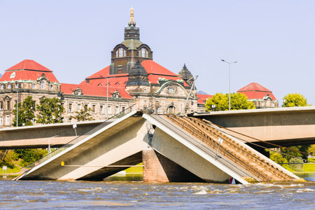 Collapsed Carola Bridge in Dresden, Germanyの写真素材