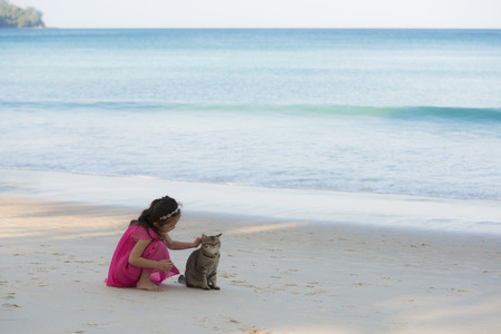 Happy little girl petting a cat at the beachの写真素材