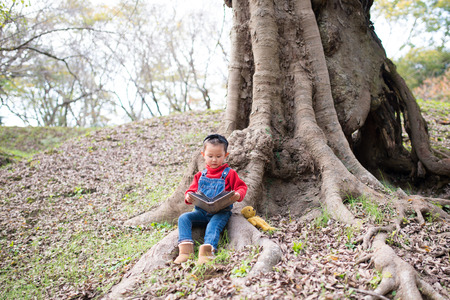 Little girl reading a book with her teddy bear under the big treeの写真素材