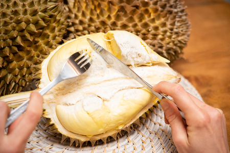 Hand holding a knife and fork and durianの写真素材