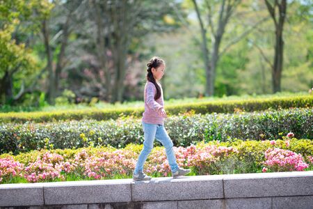 Girl walking along the edge of the flowerbedの写真素材