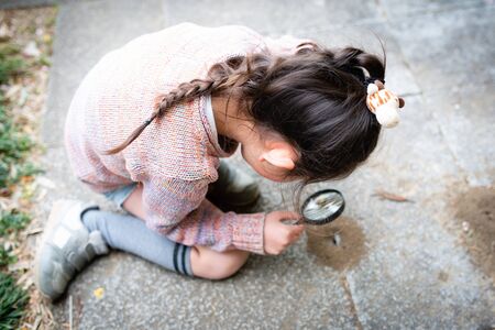 Girl observing ant nest with magnifying glassの写真素材