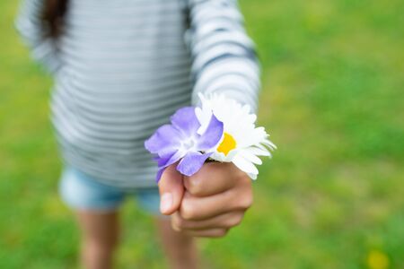 Child who hold out a flowerの写真素材