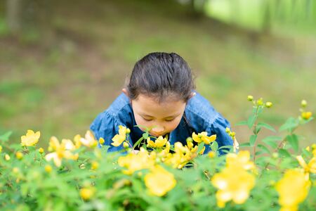 Girl sniffing the scent of yellow flowersの写真素材