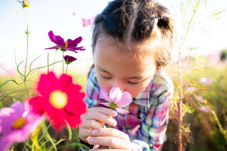 Girl smells the fragrance of flowers in the flower gardenの写真素材