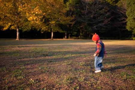 Little girl playing in the autumn park