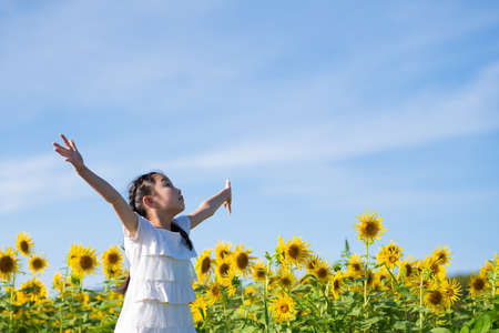 Girl playing in a sunflower fieldの写真素材