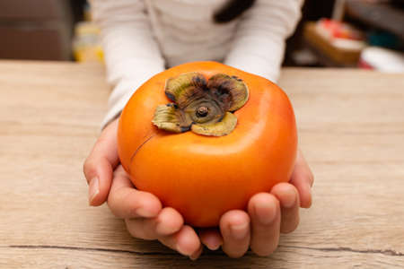 Hand of a child with a big persimmonの写真素材